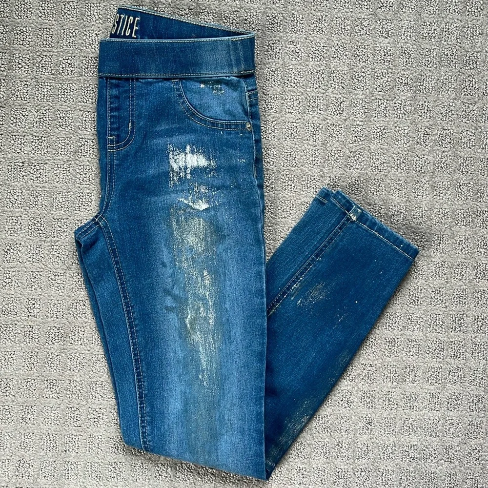 Justice Mid Rise Denim Fashion Legging Blue Distressed Sparkle Girls Size 10